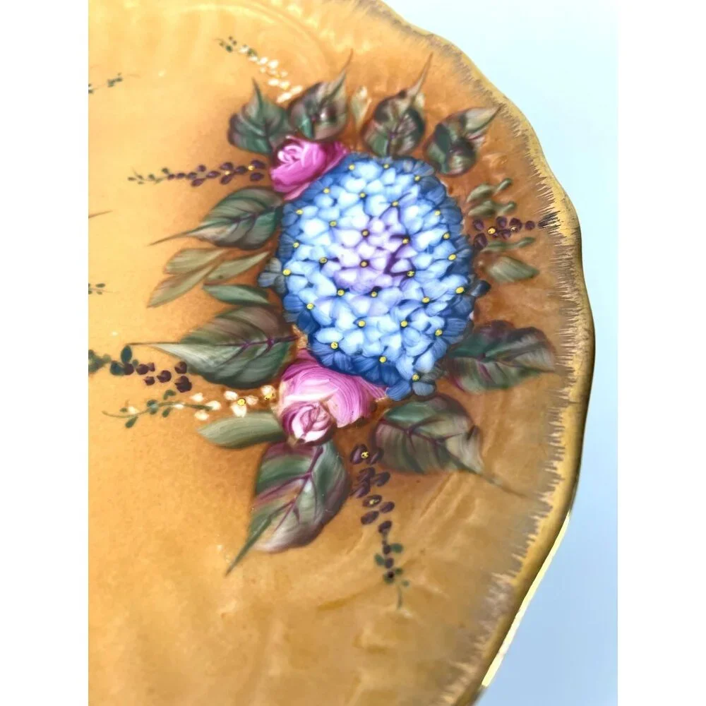 Decorative Orange Floral Plate, Made in China, Pink Purple Blue Gold Edge Detail
